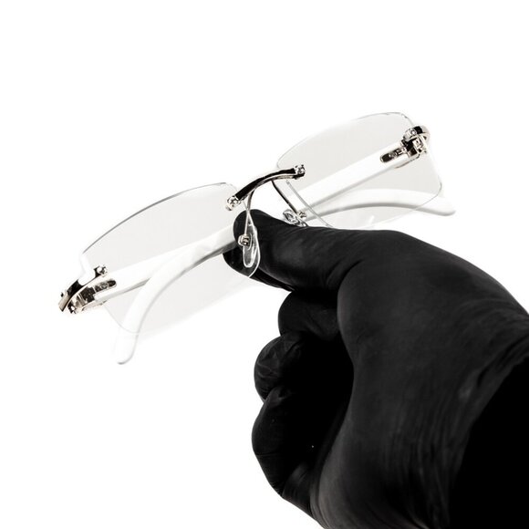 White Wood Grain Clear Lens Mens Silver Frame Rectangular Luxury Square Glasses - Picture 4 of 6